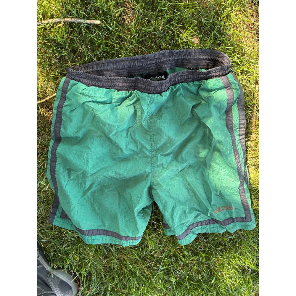 Vintage Adidas Green Nylon Athletic Shorts Mens Medium Trefoil Logo 90s Sporty